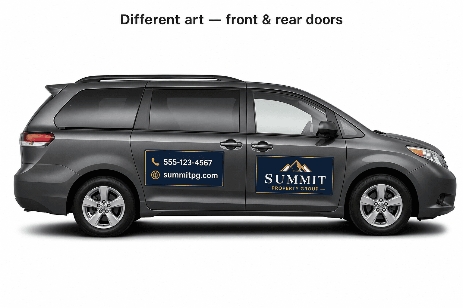 Minivan with ads on front and rear doors