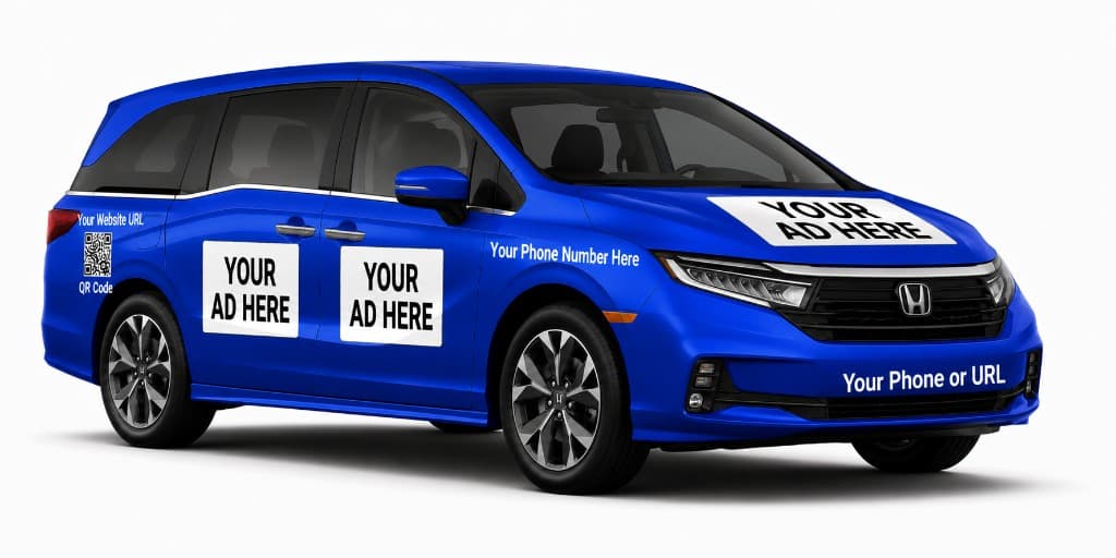 Minivan with door, quarter panel, and QR ad zones