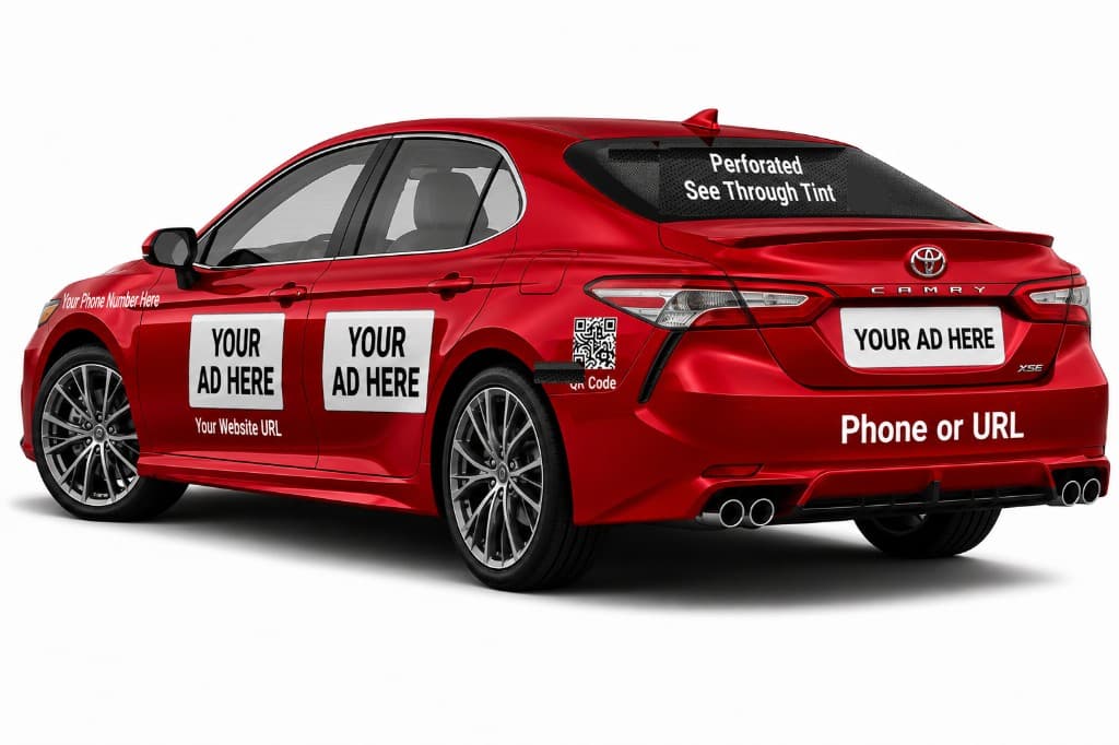 Sedan with door magnets, rear QR, and perforated tint