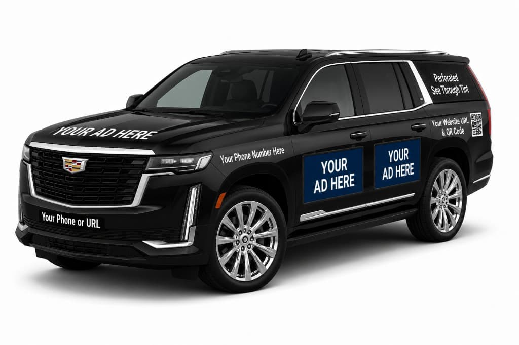 SUV with ad zones on doors, hood, quarter panel, and QR